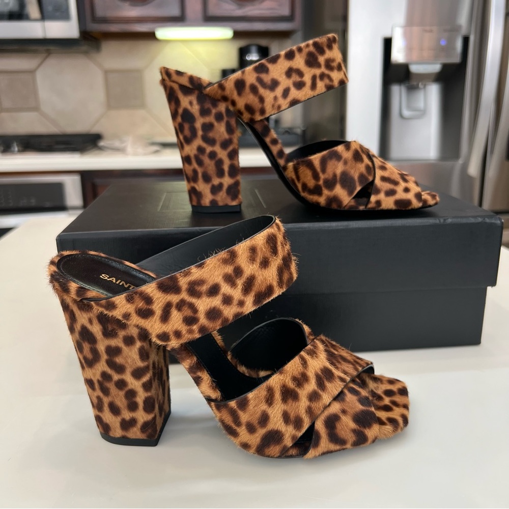 Yves Saint Laurent Leopard Print Brown Block Heel Sandals